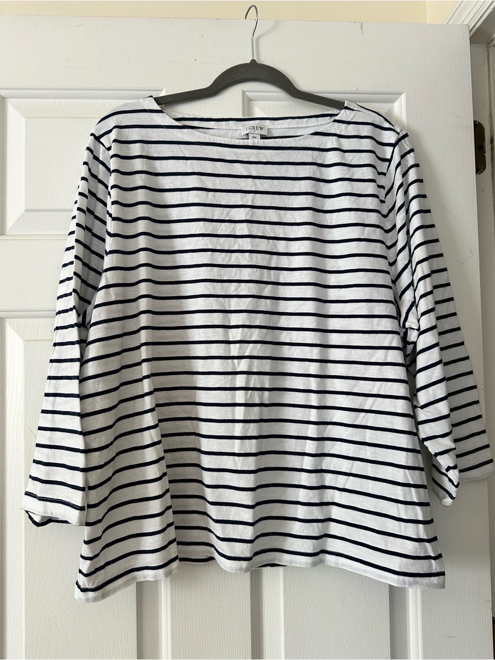 J. Crew White and Navy Striped 3/4 Sleeve Boatneck Cotton Top